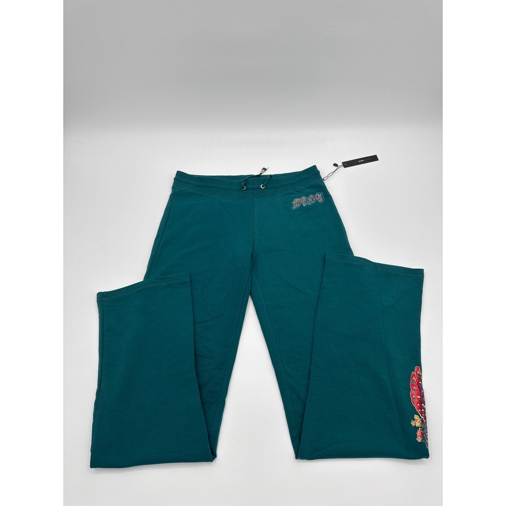 BCBG Shrub Green Peacock Graphic Rhinestone Sweatpants BC13742-P Womens M NEW